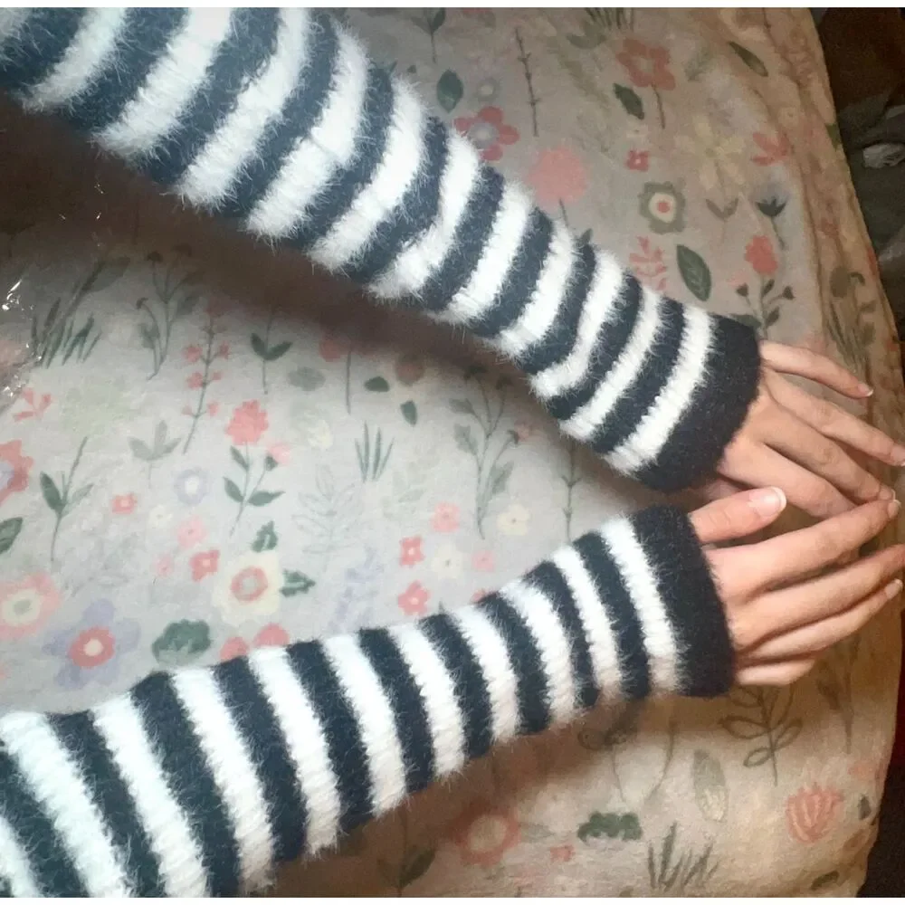 Striped Fuzzy Fingerless Arm Warmers OS Mall Goth Scene Emo Grunge Rave Festival